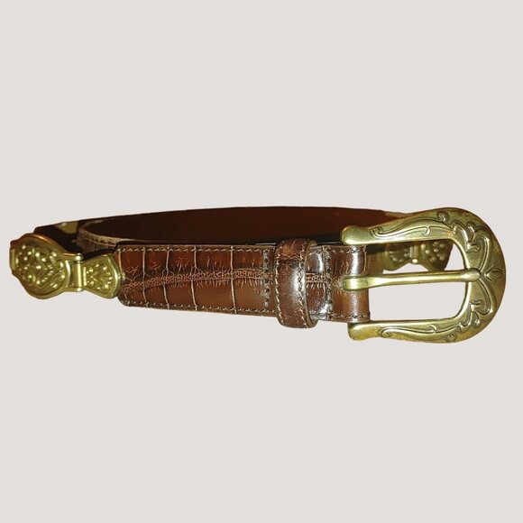 Brown Leather Belt Handcrafted Italian Roco Ornate Brass Buckle Detailing - Picture 2 of 16